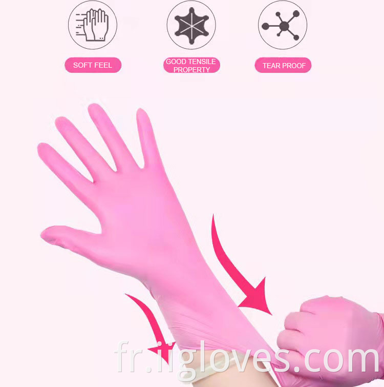 Gants en gros rose en nitrile de vinyle rose